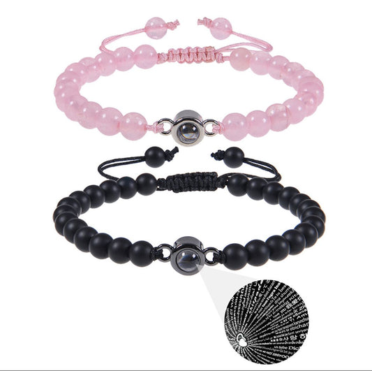 The Onyx&Pink crystal stone beads 100 languages love words rope bracelets