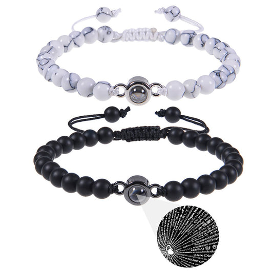 The Onyx&white turquoise Stone beads bracelets with 100 languages love words projection