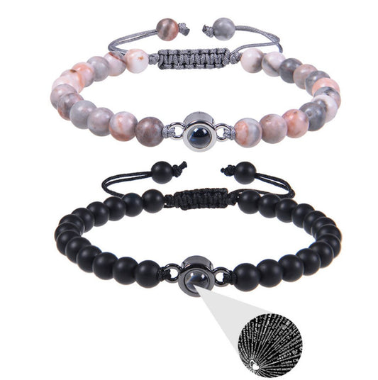 The Onyx & Zebra pink stone beads 100 languages love words rope bracelets